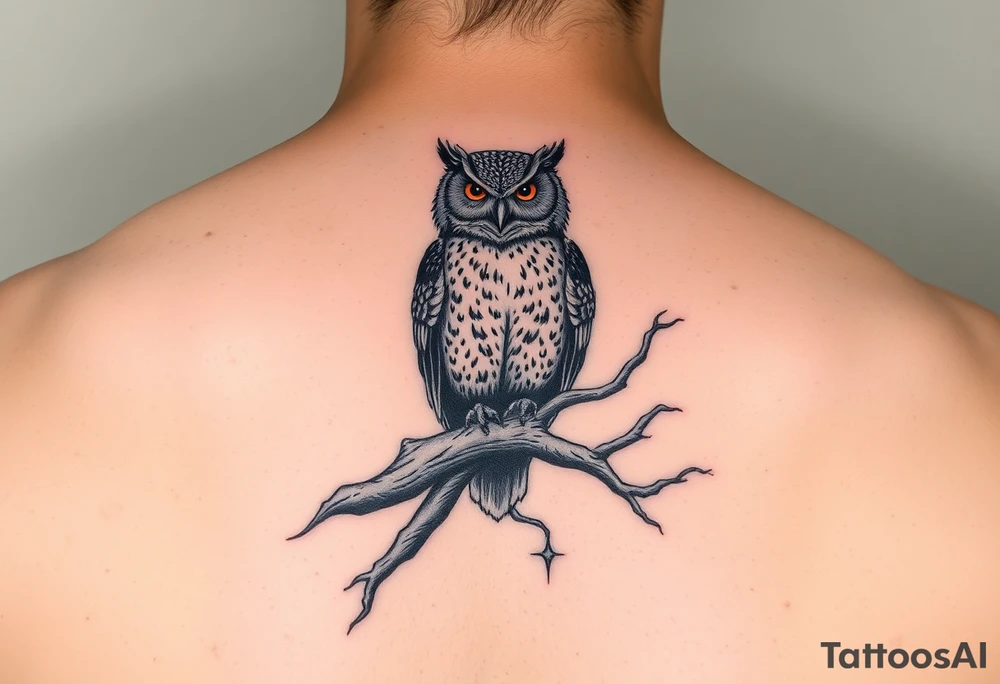 wise owl perched on ancient oak branch under starlit sky tattoo idea
