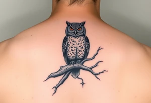 wise owl perched on ancient oak branch under starlit sky tattoo idea