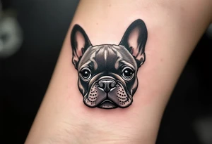 Tiny French Bulldog tattoo behind the ear, minimal dotwork in black and gray showing only the head and ears. tattoo idea