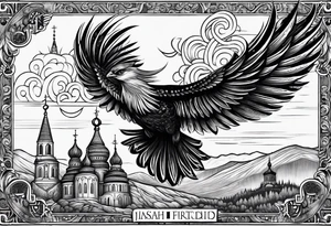 russian firebird in-flight with long fancy tail and 3 small onion cap monastery towers in background, with "Isaiah 43: 18-19" tattoo idea