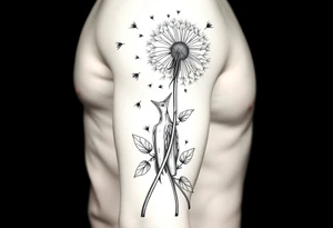 A dandelion with its leaves blowing away and turning into birds that fly up a waterfall tattoo idea