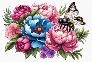 Vibrant peony with hydrangea and petunias foliage and a bee tattoo idea