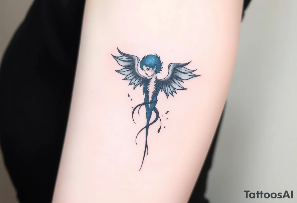 A minimalist tattoo that represents a shattered and betrayed gemini woman who fought hard throughout this year. With colors blue and black. Make it unique and rare. Without leaves and stem. tattoo idea