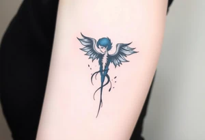 A minimalist tattoo that represents a shattered and betrayed gemini woman who fought hard throughout this year. With colors blue and black. Make it unique and rare. Without leaves and stem. tattoo idea