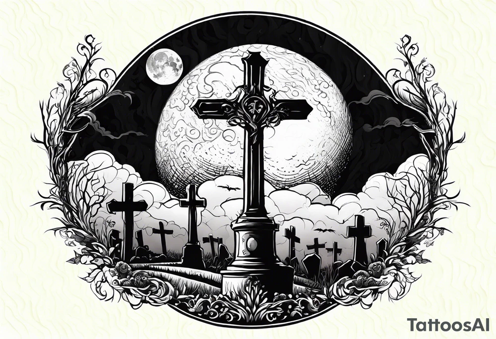 graveyard with moon with the words death where is your sting tattoo idea