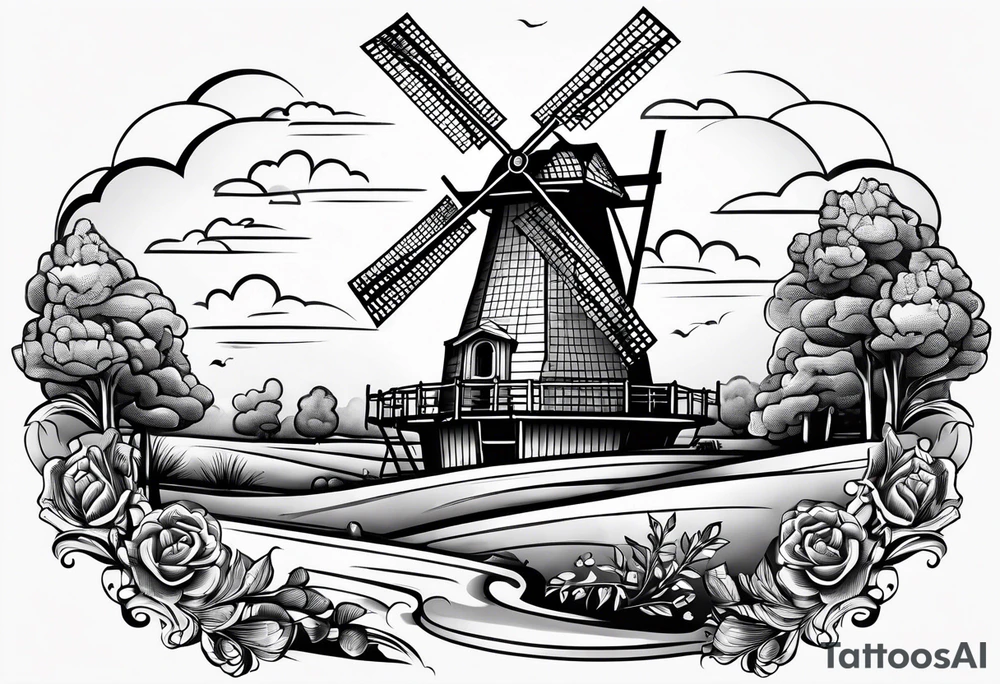 dutch windmill with Klomp written in text above tattoo idea
