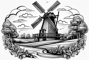 dutch windmill with Klomp written in text above tattoo idea