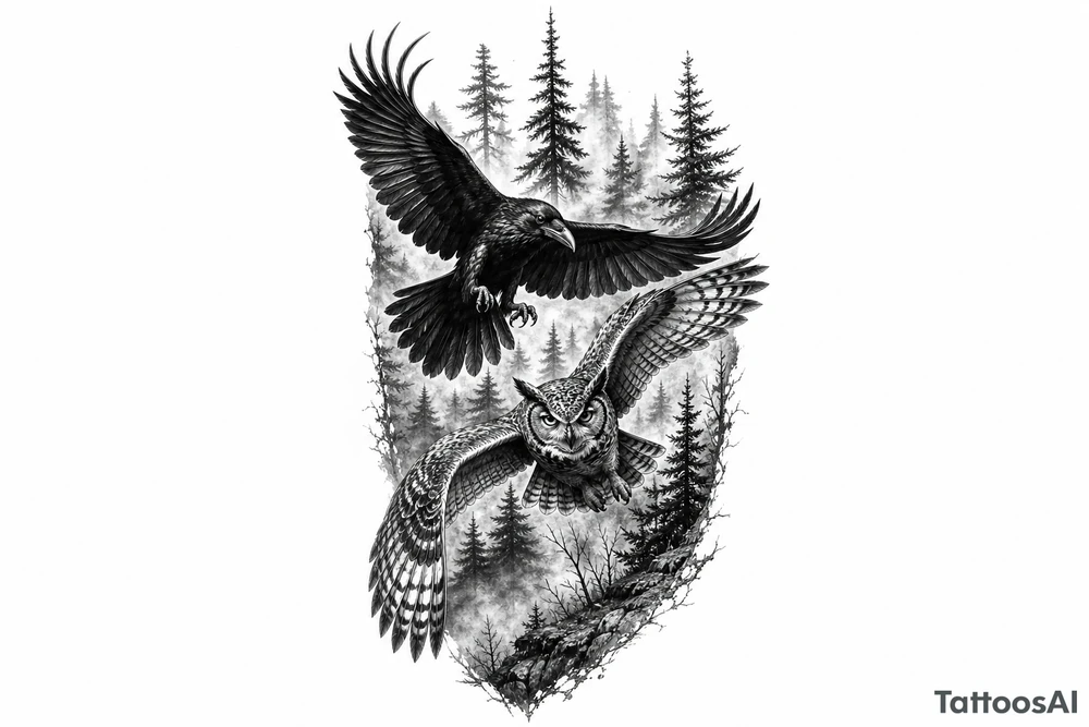 Silhouette of a raven and owl flying through a dense, misty forest tattoo idea