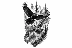 Silhouette of a raven and owl flying through a dense, misty forest tattoo idea