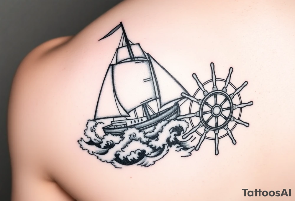 an old sail boat surrounded by big waves and then on the wrist it will be the steering wheel of the boat but the inside will be a compass. This tattoo will start at elbow and finish on the wrist tattoo idea