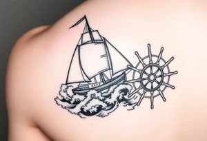 an old sail boat surrounded by big waves and then on the wrist it will be the steering wheel of the boat but the inside will be a compass. This tattoo will start at elbow and finish on the wrist tattoo idea