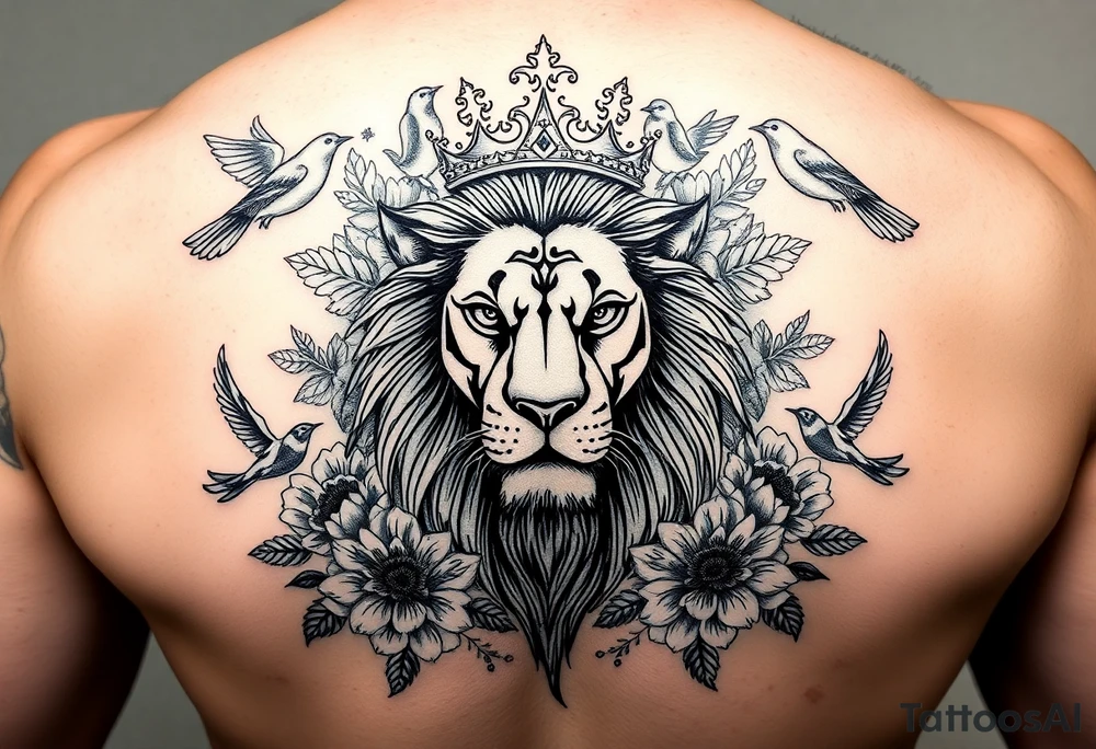 powerful majestic lion with a crown, surrounded by floral ornaments and birds tattoo idea