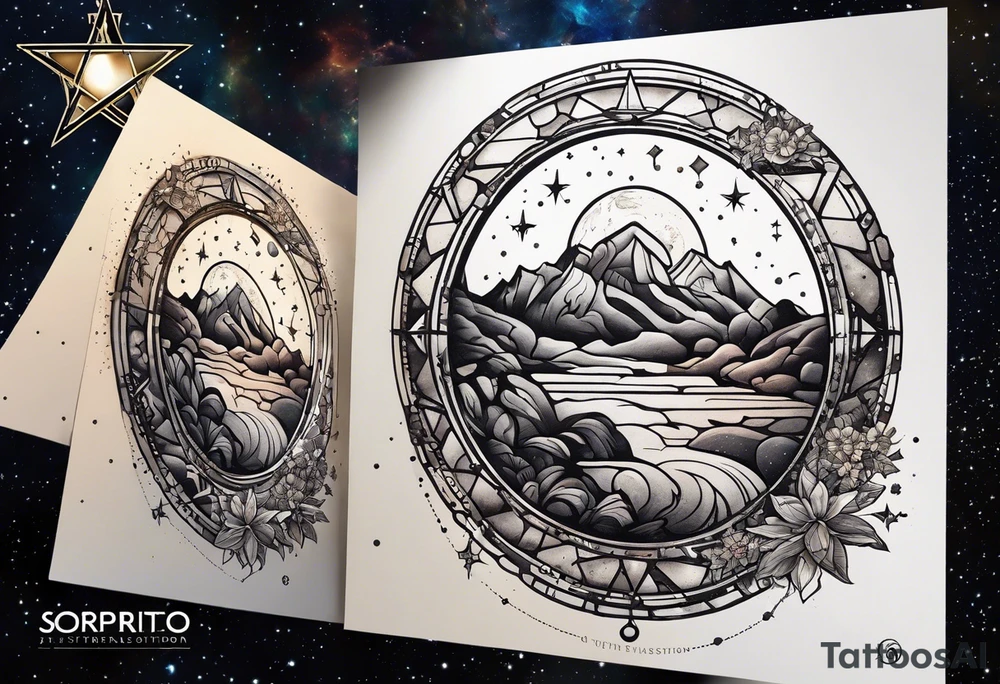 Matter, energy, space and time with an old stone theta symbol with stars in the background and Scorpio constellation tattoo idea