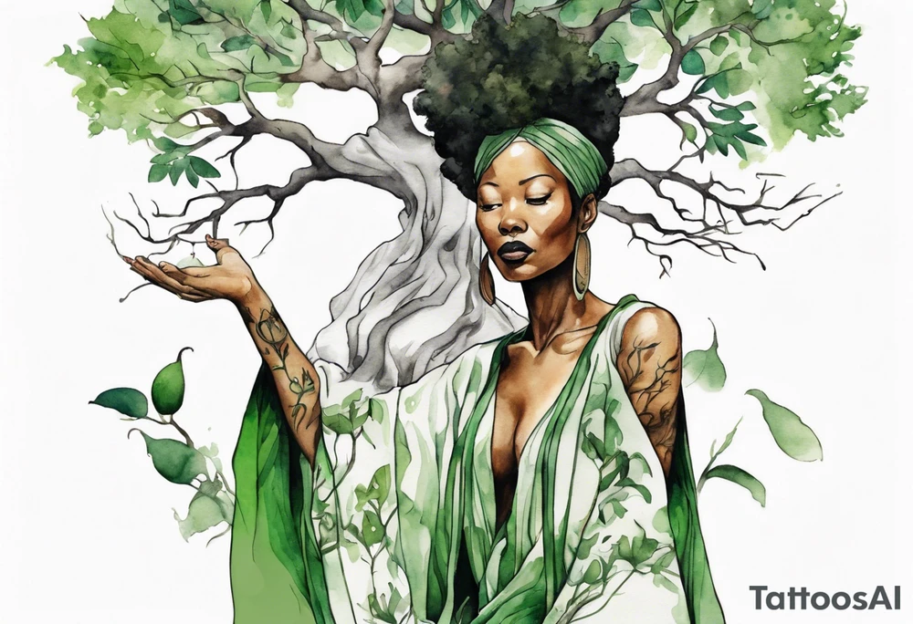 a tree with roots and a trunk that turns into a black woman reaching with her arms towards the sun, wearing a green tunic tattoo idea