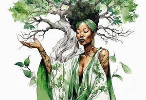 a tree with roots and a trunk that turns into a black woman reaching with her arms towards the sun, wearing a green tunic tattoo idea