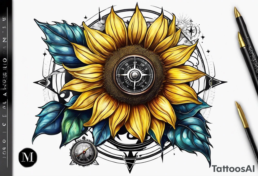 Sunflower next to a compass tattoo idea