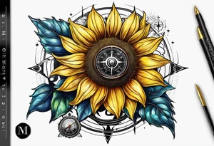Sunflower next to a compass tattoo idea