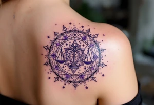 A  cosmic mandala in deep purple encircles the Libra star constellation with the zodiac glyph at its heart. tattoo idea
