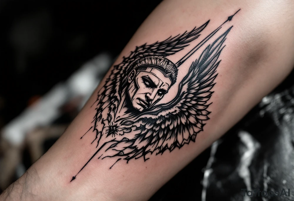 forearm tattoo of a spartan warrior with angel wings tattoo idea