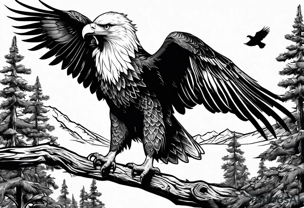Eagle searching for a Dove on a tree limb in the mountains tattoo idea