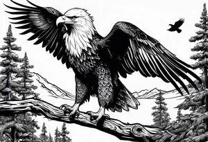 Eagle searching for a Dove on a tree limb in the mountains tattoo idea
