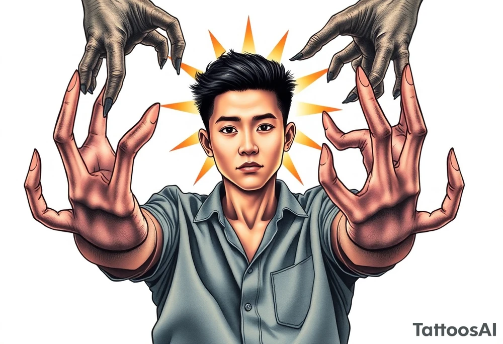Handsome Asian young guy being holding by scary hands tattoo idea