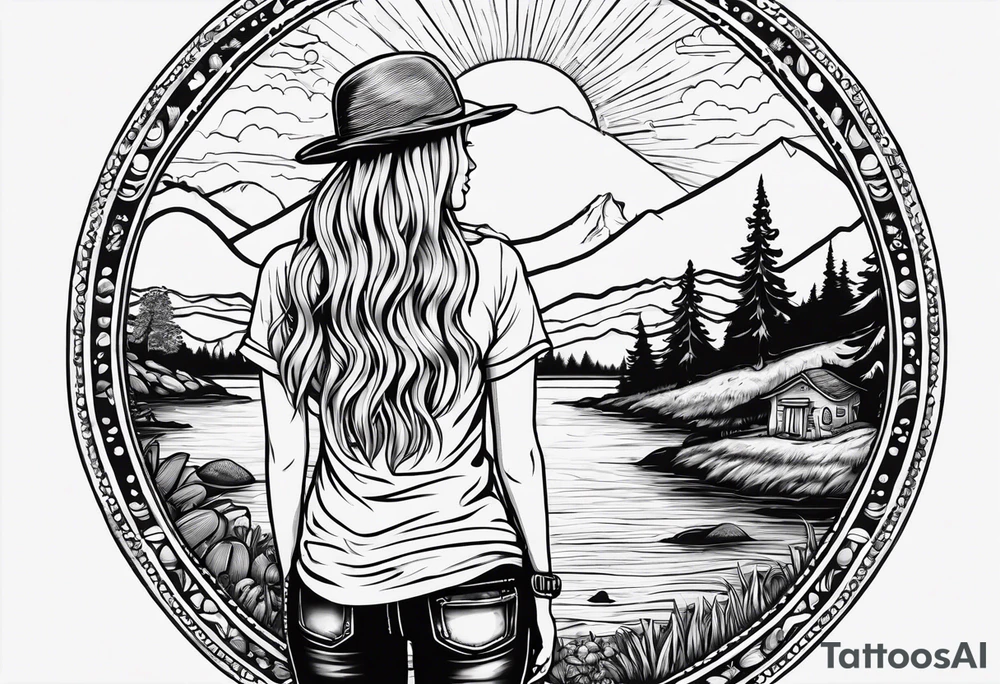 Straight long blonde hair hippie girl in distance holding mushrooms in hand facing away toward mountains and creek surrounded by mushrooms tee shirt and hiking pants

Entire tattoo encircled tattoo idea