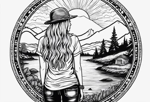 Straight long blonde hair hippie girl in distance holding mushrooms in hand facing away toward mountains and creek surrounded by mushrooms tee shirt and hiking pants

Entire tattoo encircled tattoo idea
