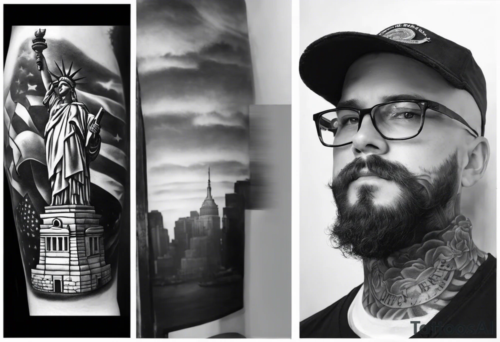 Left sleeve tattoo for a man who was in the Coast Guard on September 11, 2001 Statue of Liberty Milton Hershey school, Pennsylvania, two daughters tattoo idea