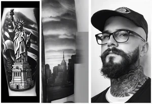 Left sleeve tattoo for a man who was in the Coast Guard on September 11, 2001 Statue of Liberty Milton Hershey school, Pennsylvania, two daughters tattoo idea