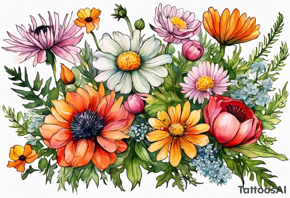 simple wildflowers with thistles, ferns, ranuculus, white anemones, sun flowers, red flowers, pink flowers, green flowers, buttercups, orange flowers, babys breath and daisies all in watercolor tattoo idea