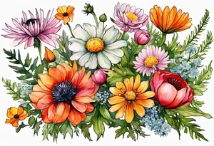 simple wildflowers with thistles, ferns, ranuculus, white anemones, sun flowers, red flowers, pink flowers, green flowers, buttercups, orange flowers, babys breath and daisies all in watercolor tattoo idea