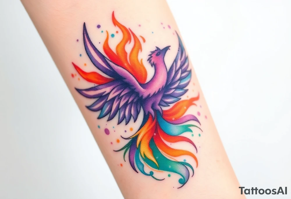Phoenix engulfed in roaring flames with purple, orange, teal and green splashes, looking up tattoo idea