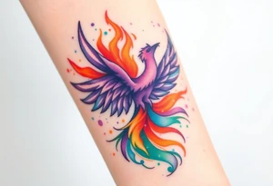 Phoenix engulfed in roaring flames with purple, orange, teal and green splashes, looking up tattoo idea