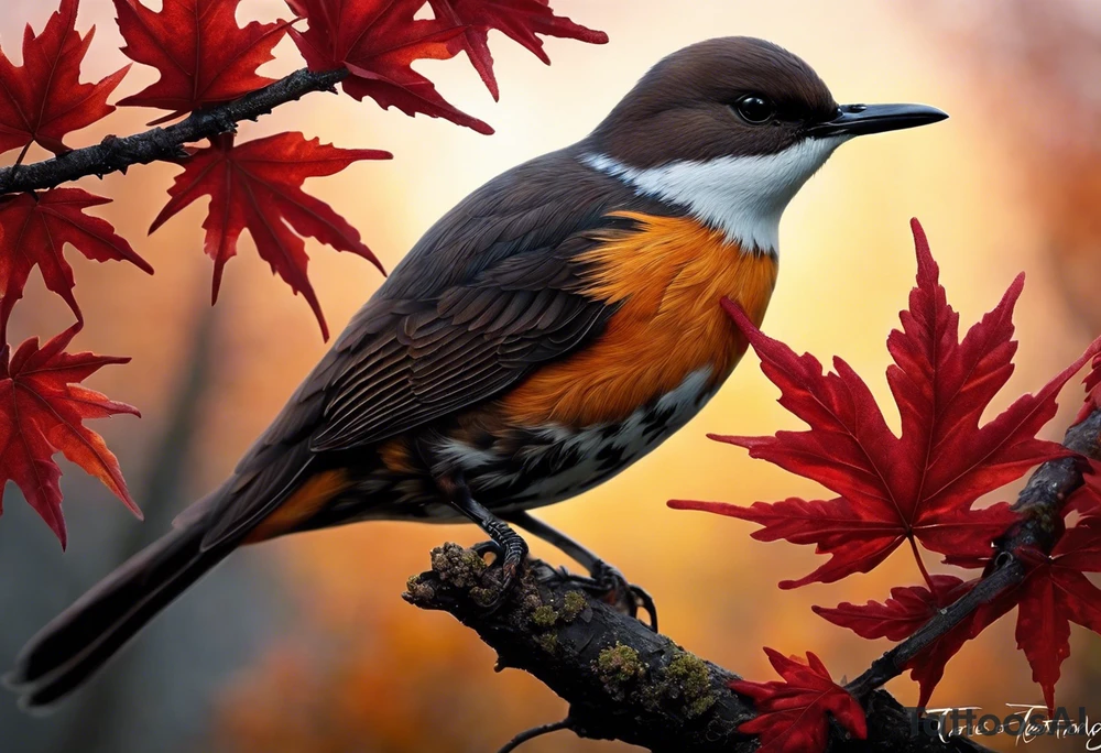 Arm tattoo. Long tattoo. Full sleeve. Shoulder. A maple tree with red autumn leaves that branches upwards. White-throated dipper bird on the trees branches. Calluna flowers at the base of the trees stem. Tree stem has dark colors. Red/yellow sunset behind the trees stem. Leaves falling. tattoo idea