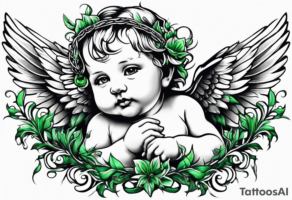 Baby angel with completely black eyes dripping with green vines everywhere tattoo idea