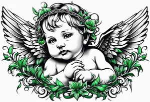 Baby angel with completely black eyes dripping with green vines everywhere tattoo idea