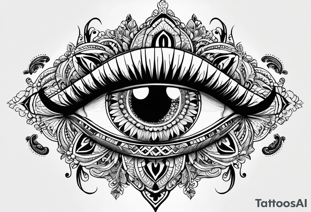 Mandala design with realistic woman’s eye in the center tattoo idea