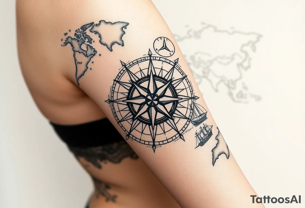 antique compass rose overlaid on weathered world map with sailing ships tattoo idea