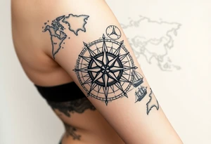 antique compass rose overlaid on weathered world map with sailing ships tattoo idea