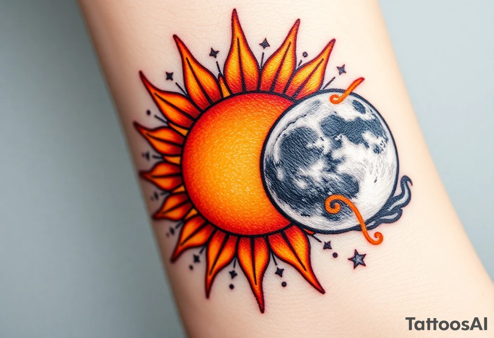 A bright, fiery sun in shades of orange, yellow, and red, radiating warmth and life, with rays stretching outward, contrasting against a cold, shadowy moon in silvery blues and grays, surrounded by swirling black clouds and darkened stars. tattoo idea