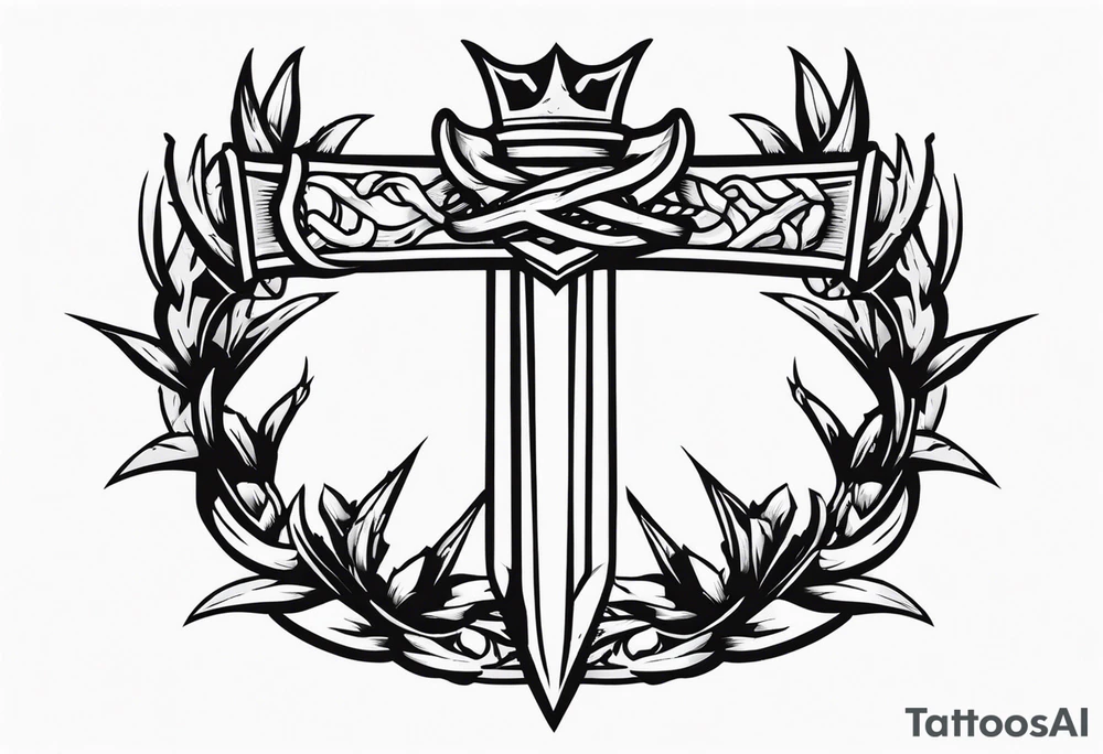A simple design of a crown of thorns resting on the guard of a sword that is piercing a heart tattoo idea