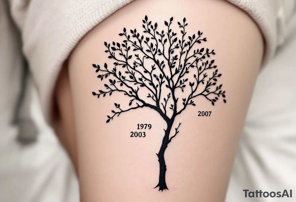 Minimalist black ink tree silhouette, each leaf a birth year: "1956, 1979, 2003, 2007", subtly placed on the tips of the branches. Monochrome palette with grayscale shading. tattoo idea