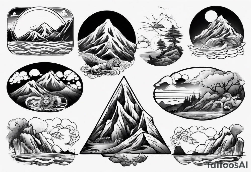 lion in a mountain and sea landscape tattoo idea