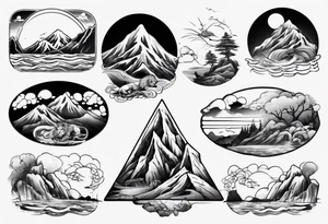 lion in a mountain and sea landscape tattoo idea