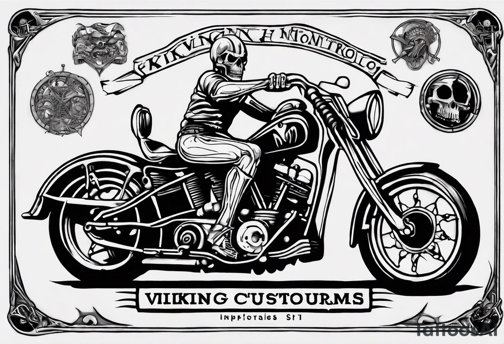 I want a tattoo of an old classic motorcycle with a skeleton riding it into the distance with the name “Viking Customs” incorporated in the design tattoo idea
