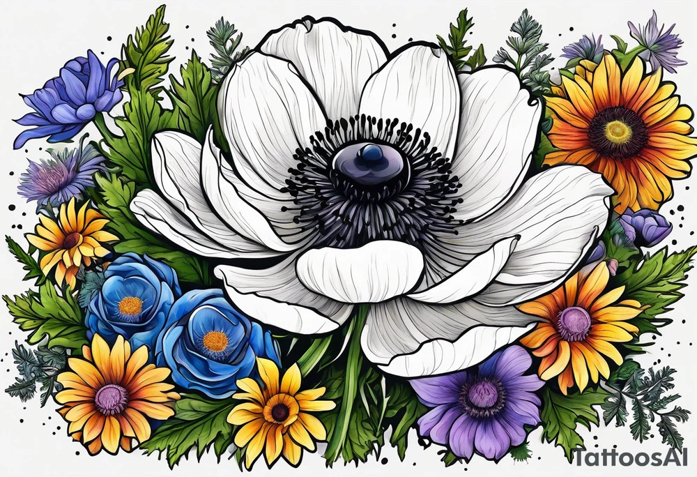 one white anemone with black center in the middle of mixed colorful wildflowers all with different shapes including thistles, ferns, ranuculus, and sun flowers tattoo idea