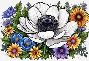 one white anemone with black center in the middle of mixed colorful wildflowers all with different shapes including thistles, ferns, ranuculus, and sun flowers tattoo idea