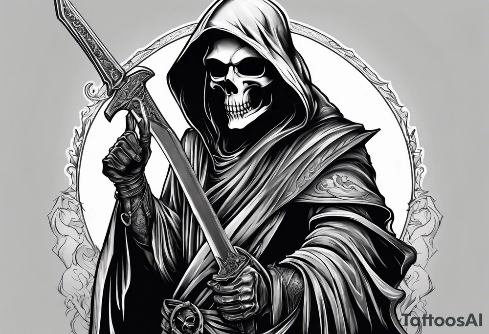 grim reaper with sword and pistol tattoo idea