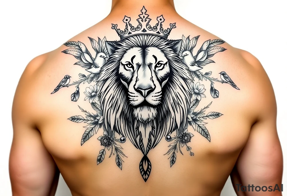 powerful majestic lion with a crown, surrounded by floral ornaments and birds tattoo idea